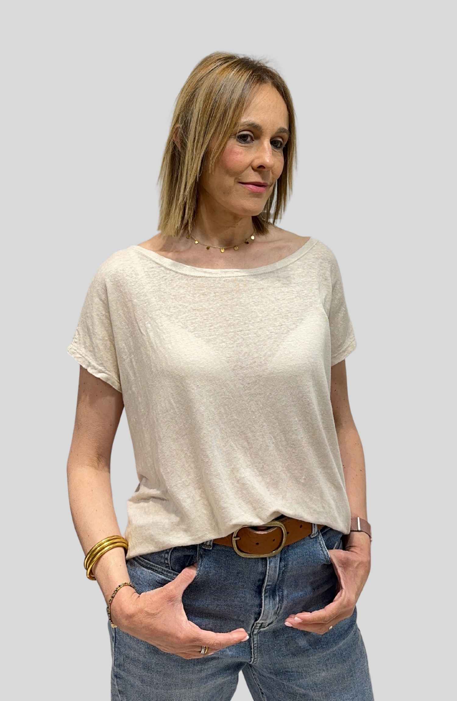 Camiseta Lino - Beige, ÚNICA